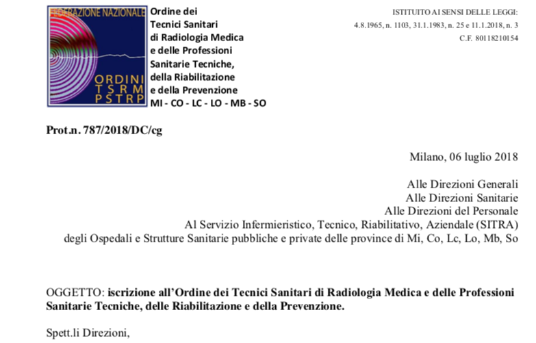 Iscrizione all’Ordine dei Tecnici Sanitari di Radiologia Medica e delle Professioni Sanitarie Tecniche, delle Riabilitazione e della Prevenzione