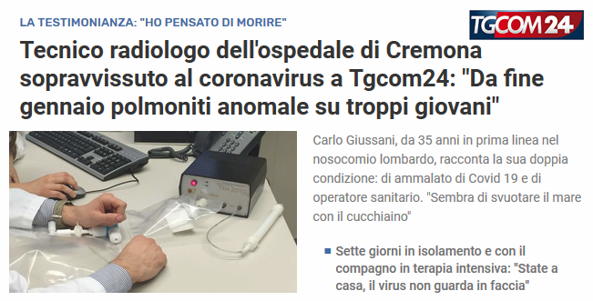 TSRM dell’ospedale di Cremona sopravvissuto al coronavirus a Tgcom24: “Da fine gennaio polmoniti anomale su troppi giovani”
