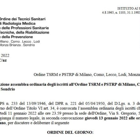 Avviso di convocazione assemblea ordinaria degli iscritti all’Ordine TSRM e PSTRP di Milano, Como, Lecco, Lodi, Monza Brianza e Sondrio